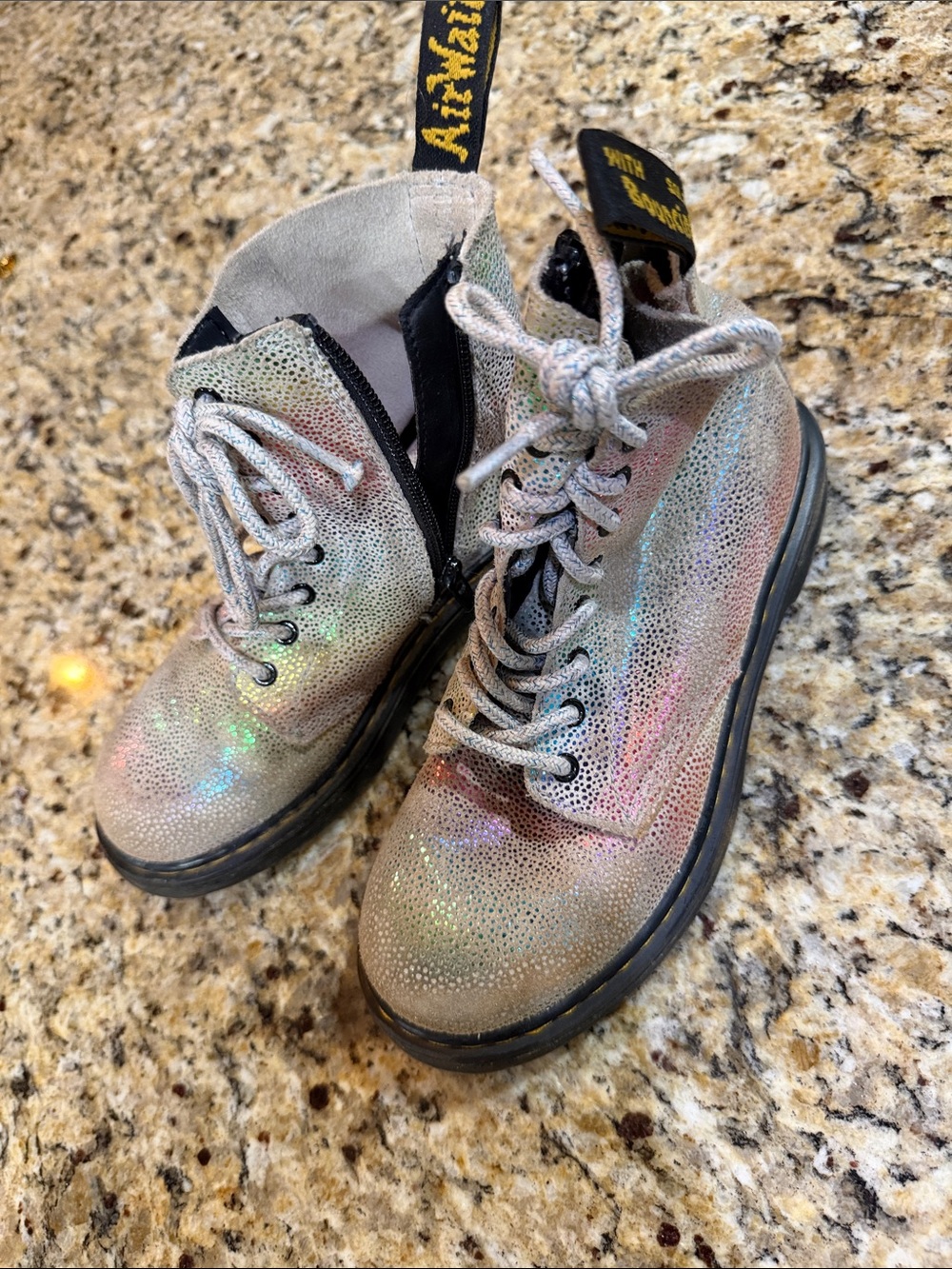 Dr. Martens Kids Iridescent Glitter Lace-Up Boots - Silver with Rainbow Sheen